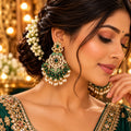 Lavaya Royal Emerald Green Kundan Statement Earrings with Pearl & Green Bead Drops