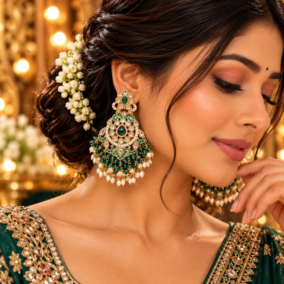Lavaya Royal Emerald Green Kundan Statement Earrings with Pearl & Green Bead Drops