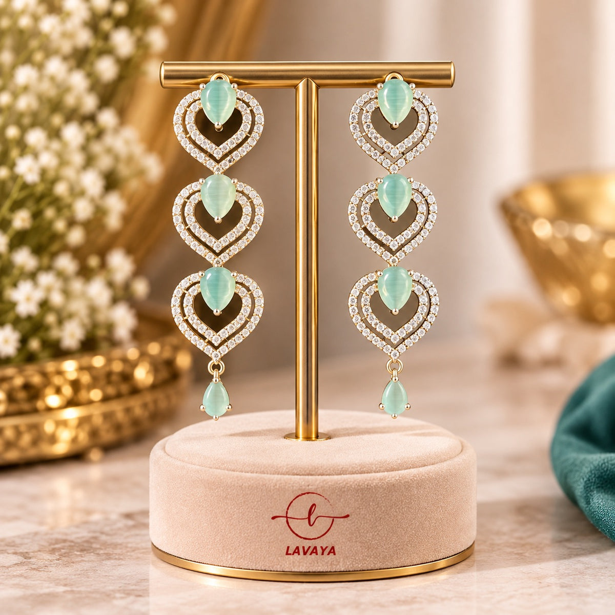 Lavaya Luxury Mint Green Stone & Crystal Heart Drop Earrings for Women – Premium Gold-Tone Designer Long Dangle Wedding & Party Wear Jewellery