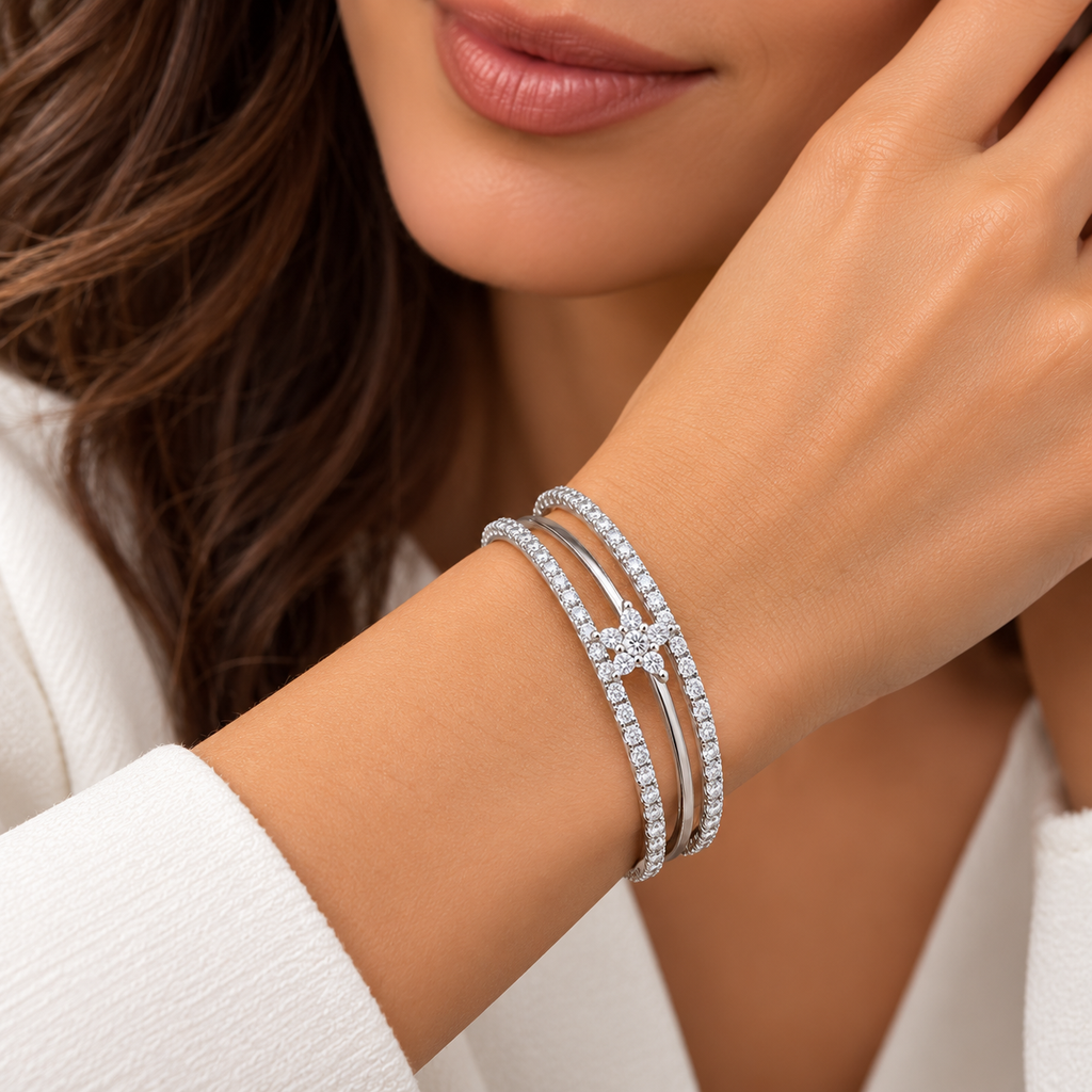 Floral Diamond Multi-Layer Bangle Bracelet
