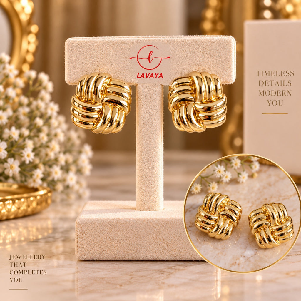 Lavaya Vintage Woven Love Knot Gold Statement Stud Earrings
