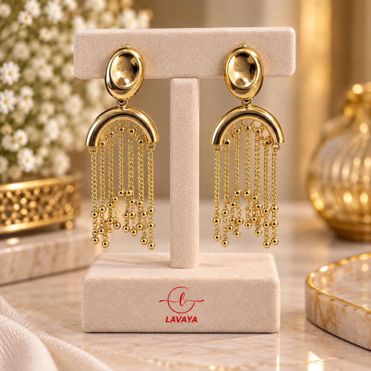 Gold-Plated Horseshoe Arc & Dangling Beaded Chain Earrings for Women