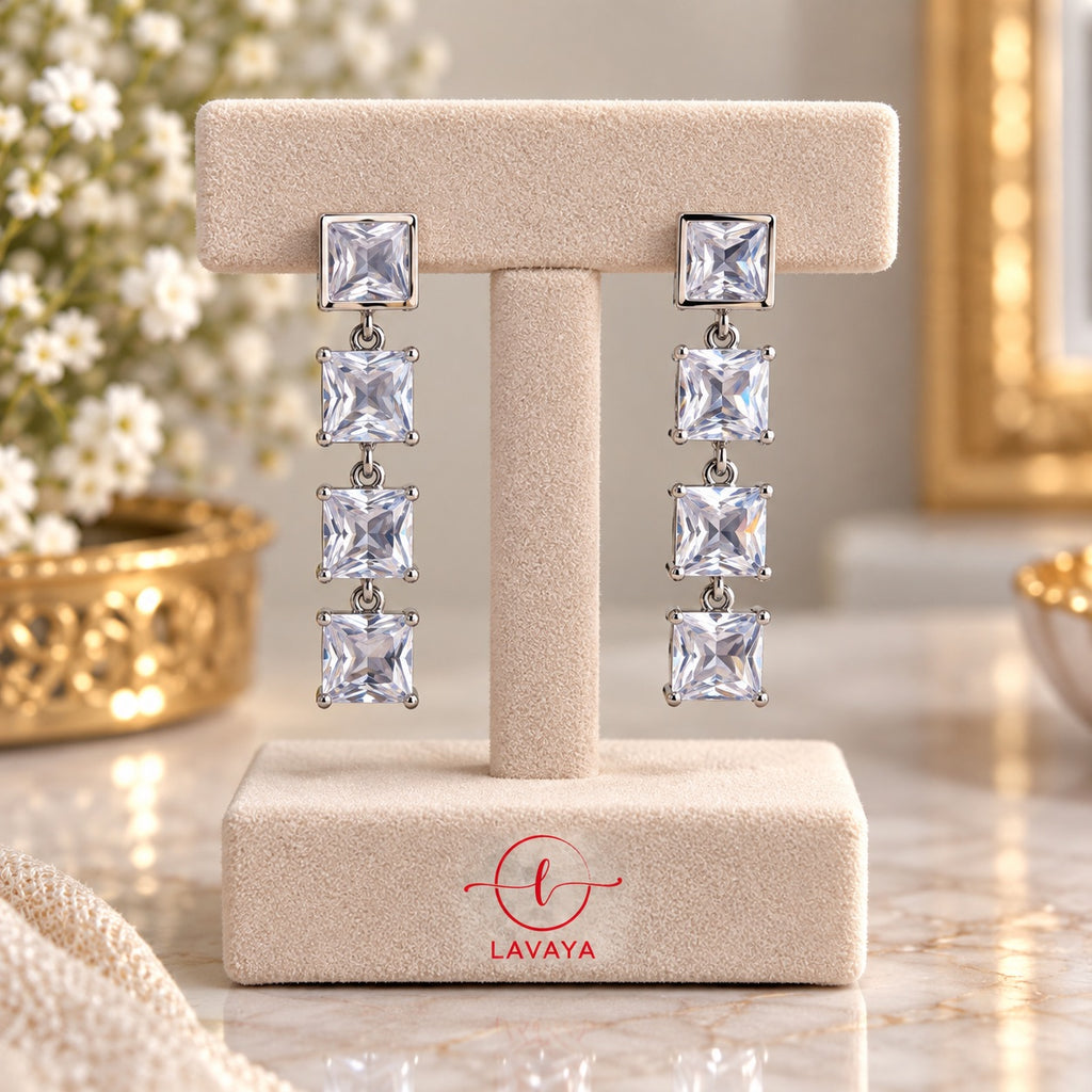 Silver-Toned Geometric Cubic Zirconia Drop Earrings for Evening & Bridal Wear