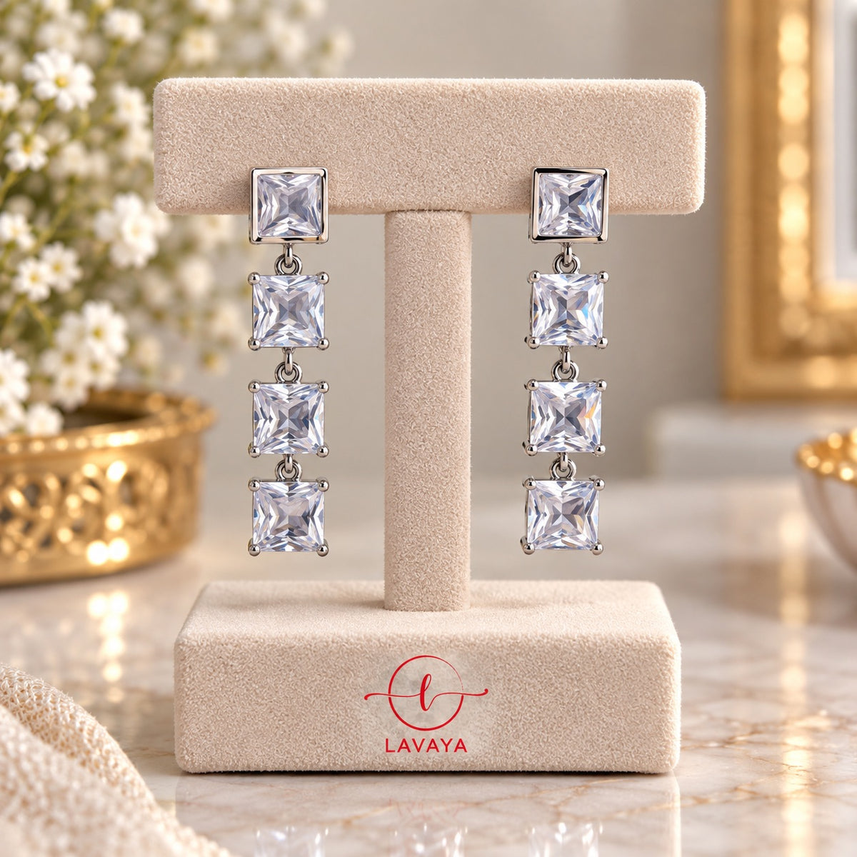 Silver-Toned Geometric Cubic Zirconia Drop Earrings for Evening & Bridal Wear