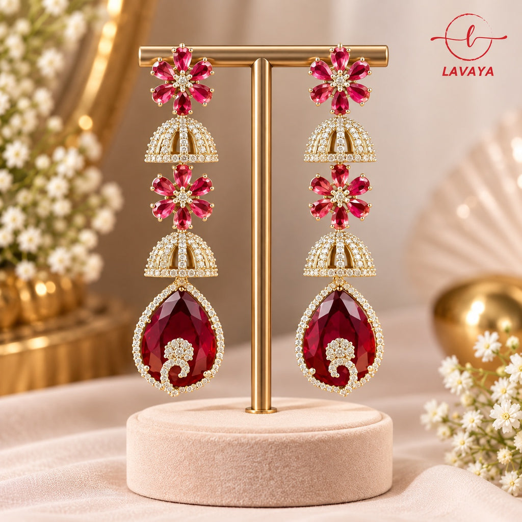 Lavaya Luxury Ruby Pink Floral Jhumka Drop Earrings for Women – Premium Crystal Studded Designer Long Dangle Wedding & Party Wear Jewellery