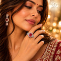 Lavaya Royal Ruby Red Emerald-Cut Crystal Statement Ring with Sparkling Diamond-Inspired Halo & Silver-Tone Finish