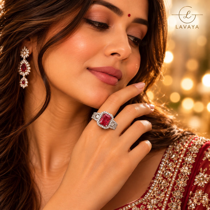 Lavaya Royal Ruby Red Emerald-Cut Crystal Statement Ring with Sparkling Diamond-Inspired Halo & Silver-Tone Finish