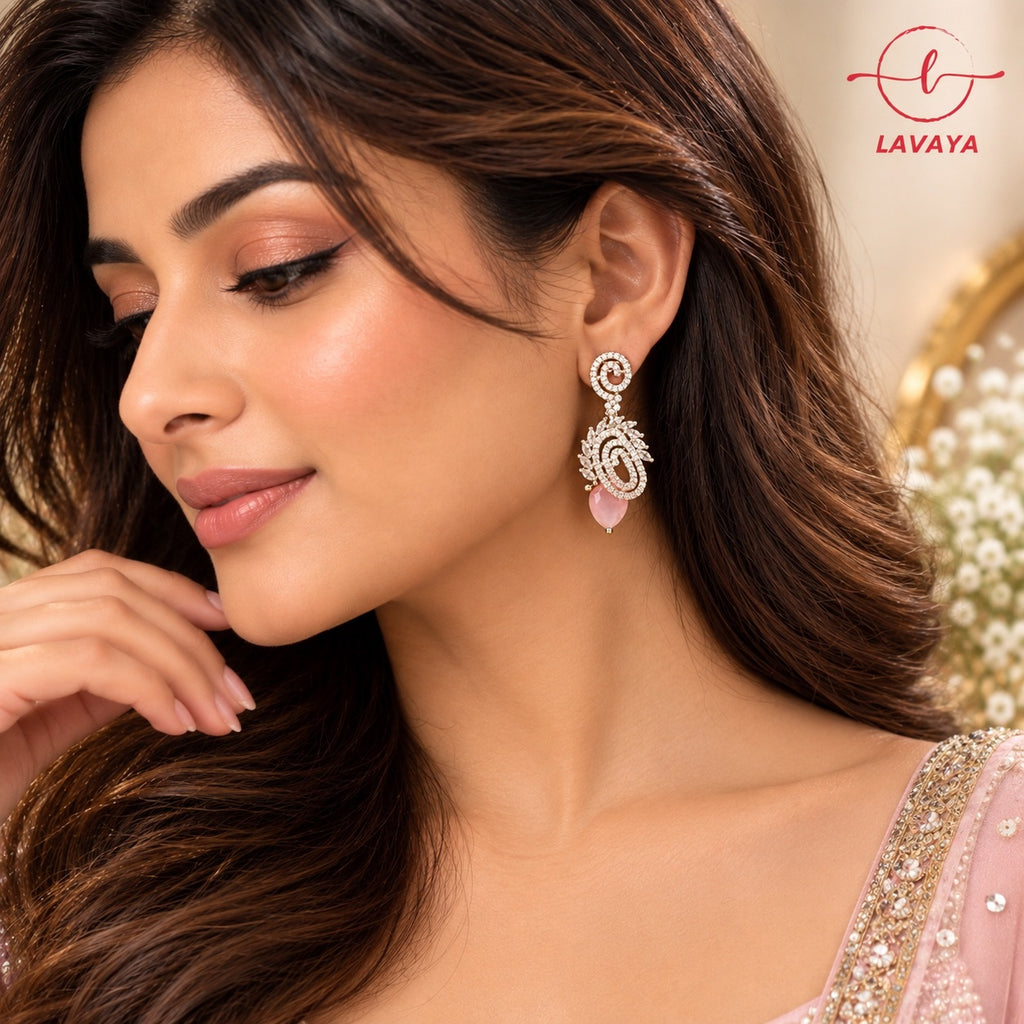 Lavaya Luxury Silver-Tone Crystal Swirl Earrings with Pink Teardrop Stone for Women – Premium Elegant Designer Wedding & Party Wear Jewellery