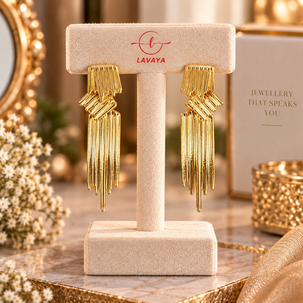Lavaya Golden Glamour Long Tassel Drop Earrings for Women | Elegant Layered Fringe Statement Earrings | Premium Party & Wedding Fashion Jewellery