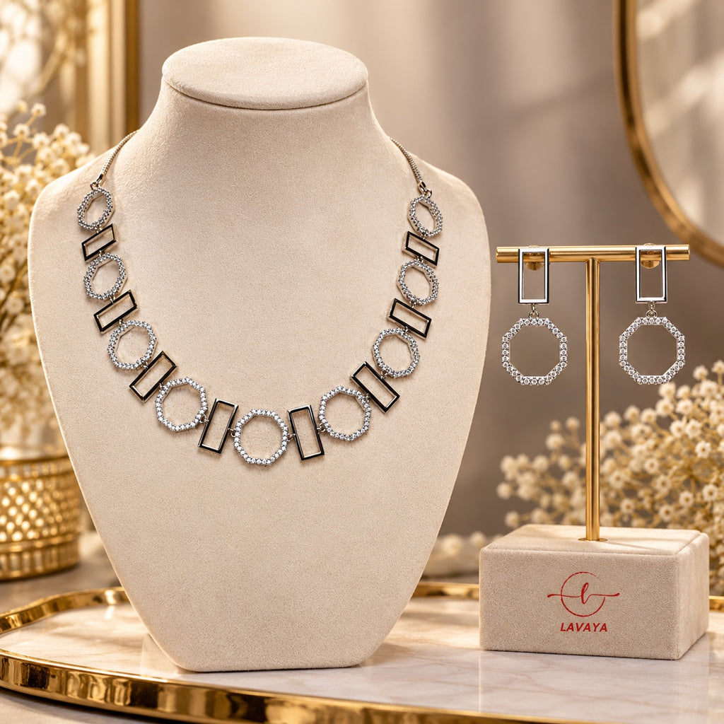 Lavaya Contemporary Silver-Tone Geometric Crystal Necklace & Matching Hexagon Drop Earrings Jewellery Set