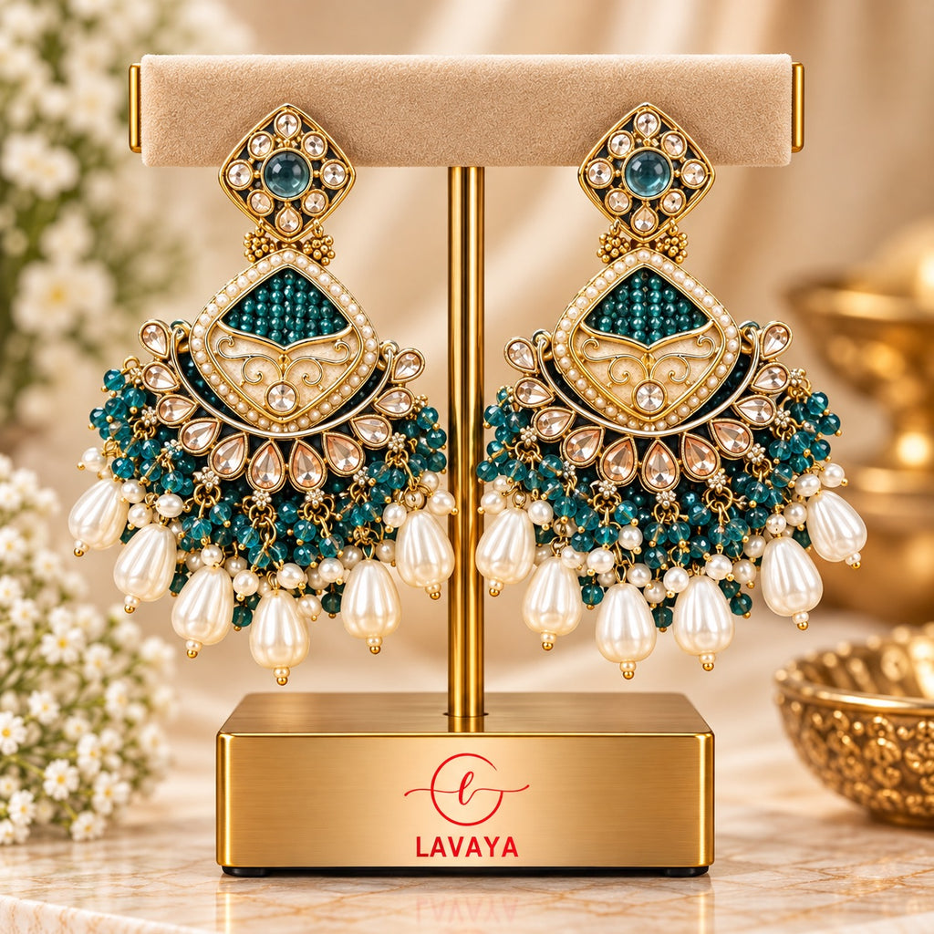 Lavaya Royal Teal Green Kundan Chandbali Earrings with Pearl Drops