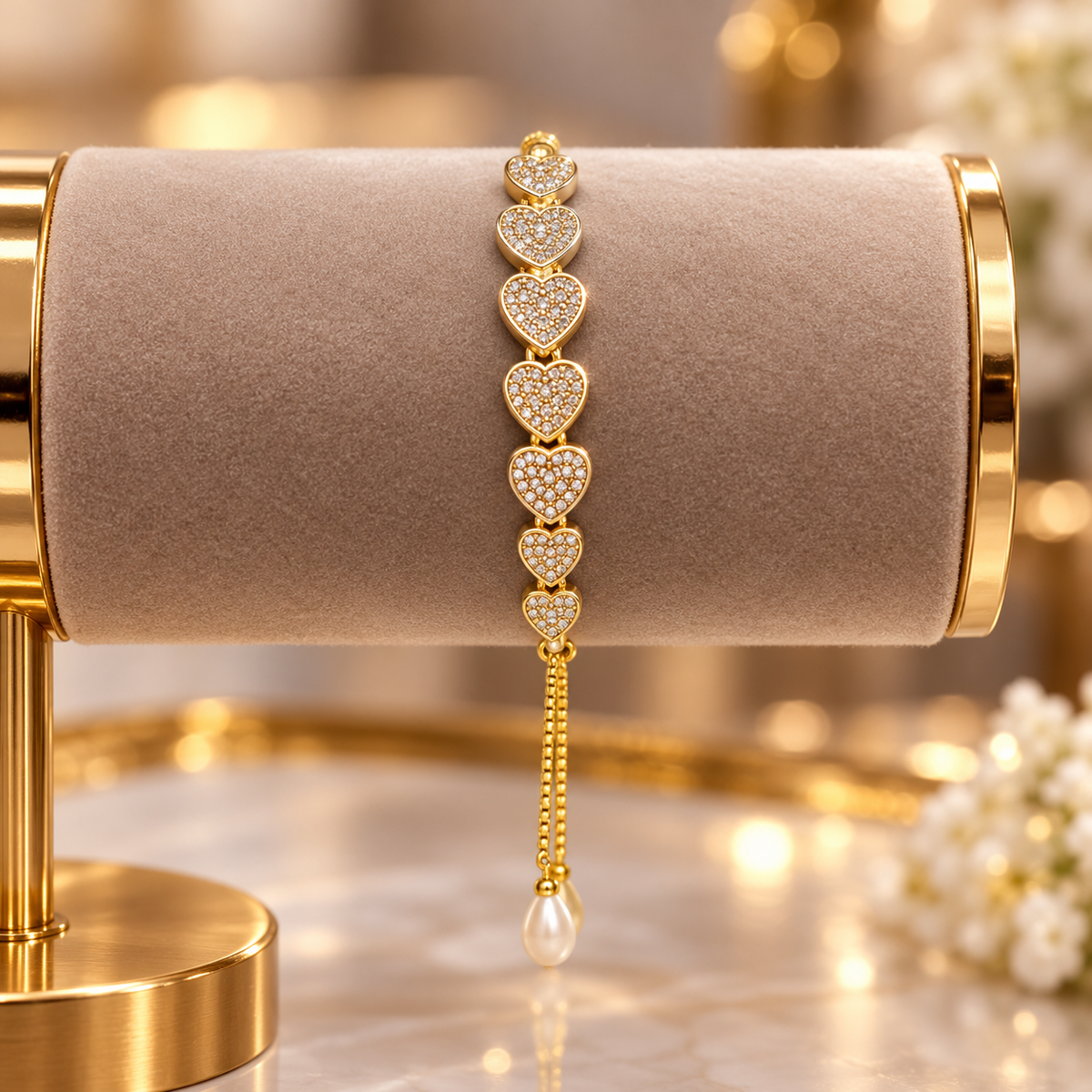 Golden Heart Crystal Bracelet with Pearl Drop