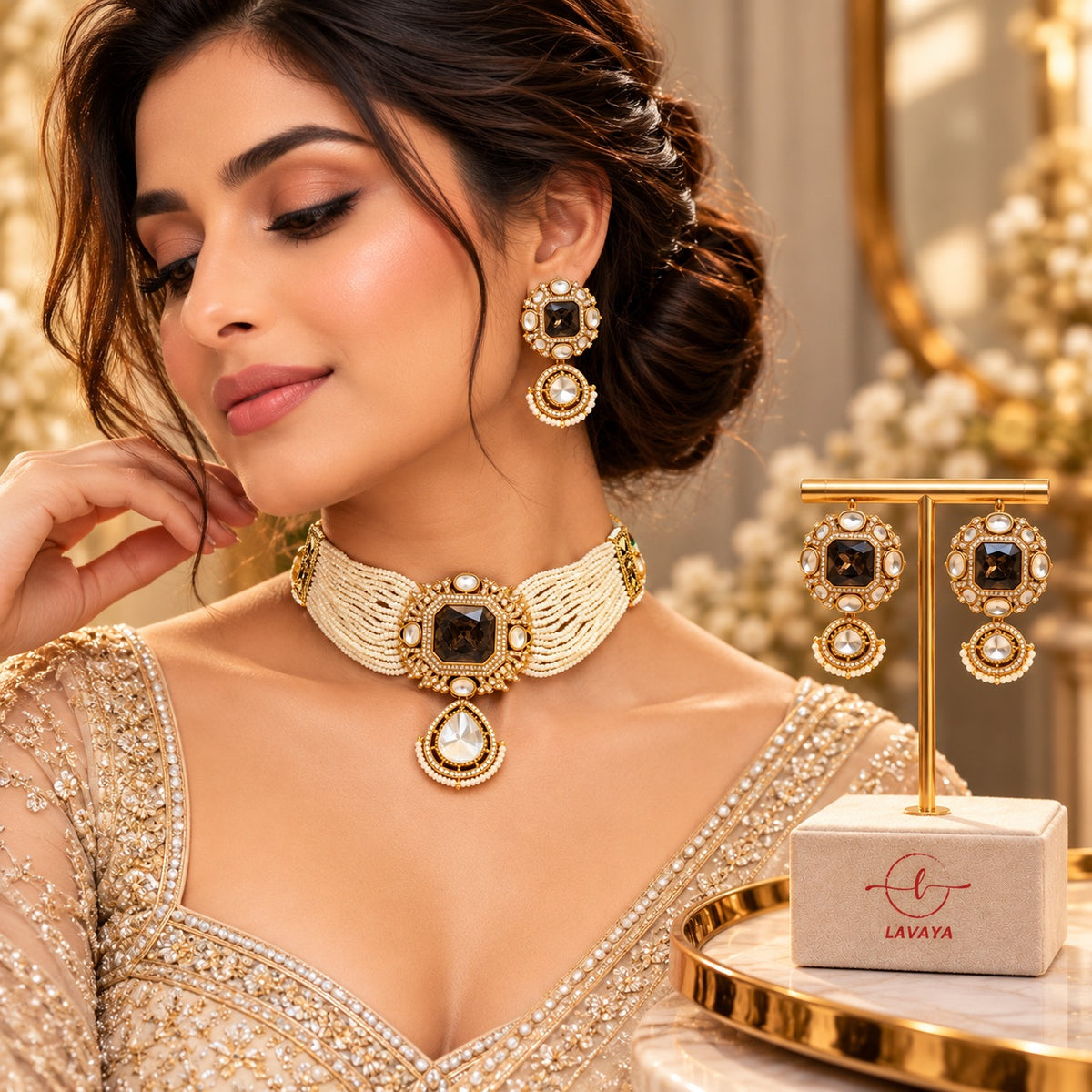Lavaya Royal Ivory Pearl Multi-Strand Choker Necklace with Smoky Brown Crystal Pendant & Matching Drop Earrings Jewellery Set
