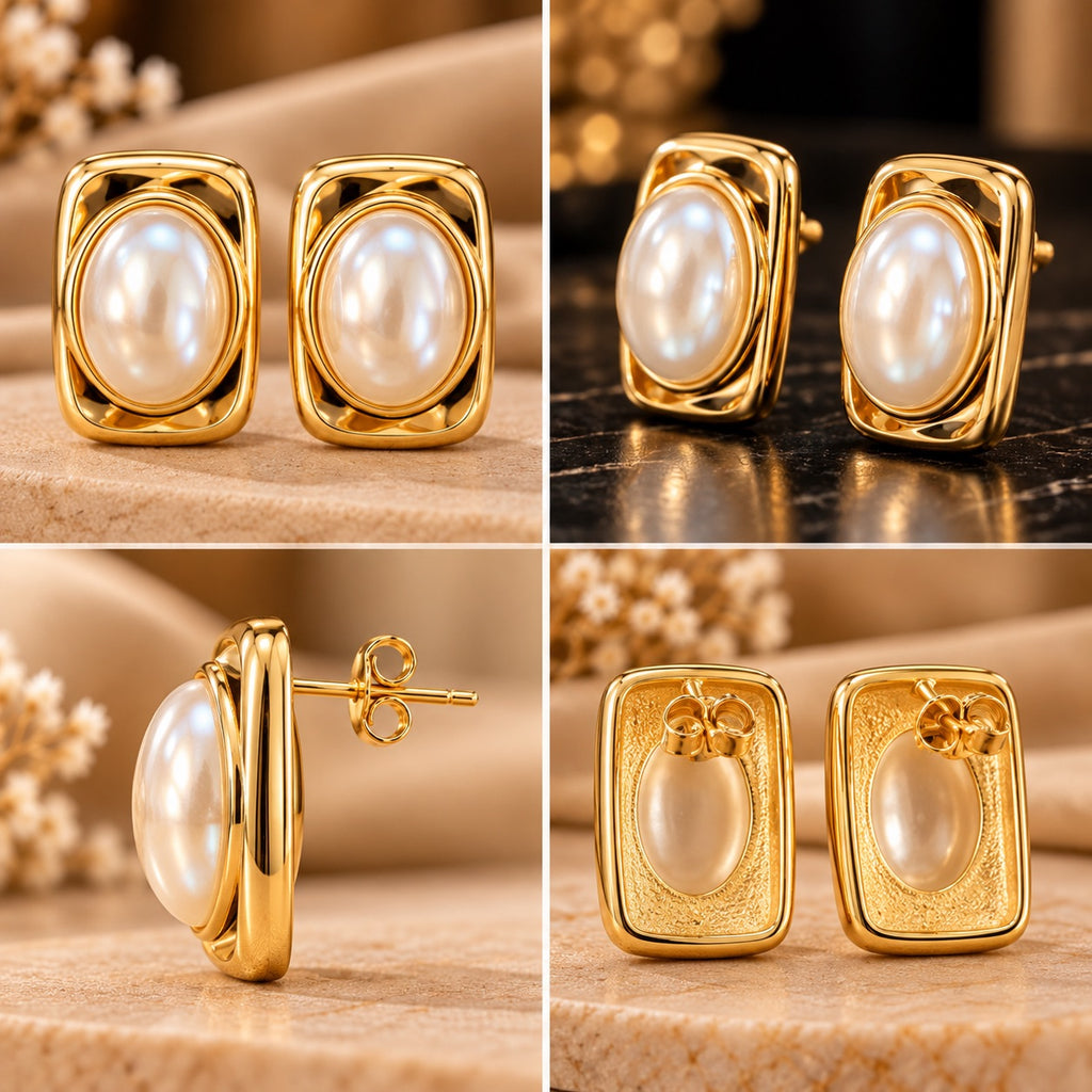 Lavaya Luxury Gold-Tone Oval Pearl Statement Stud Earrings for Women