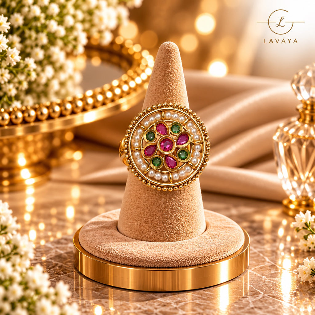 Lavaya Royal Ruby Red & Emerald Green Kundan Floral Statement Ring with Pearl Detailing & Gold-Tone Finish