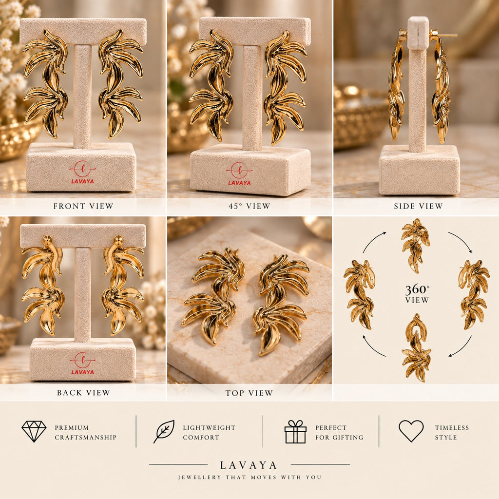 Articulated Curved Banana Leaf Statement Earrings in Ultra-Polished Gold Plating