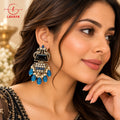 Lavaya Royal Midnight Black & Sapphire Blue Statement Earrings with Crystal Accents & Blue Bead Drops