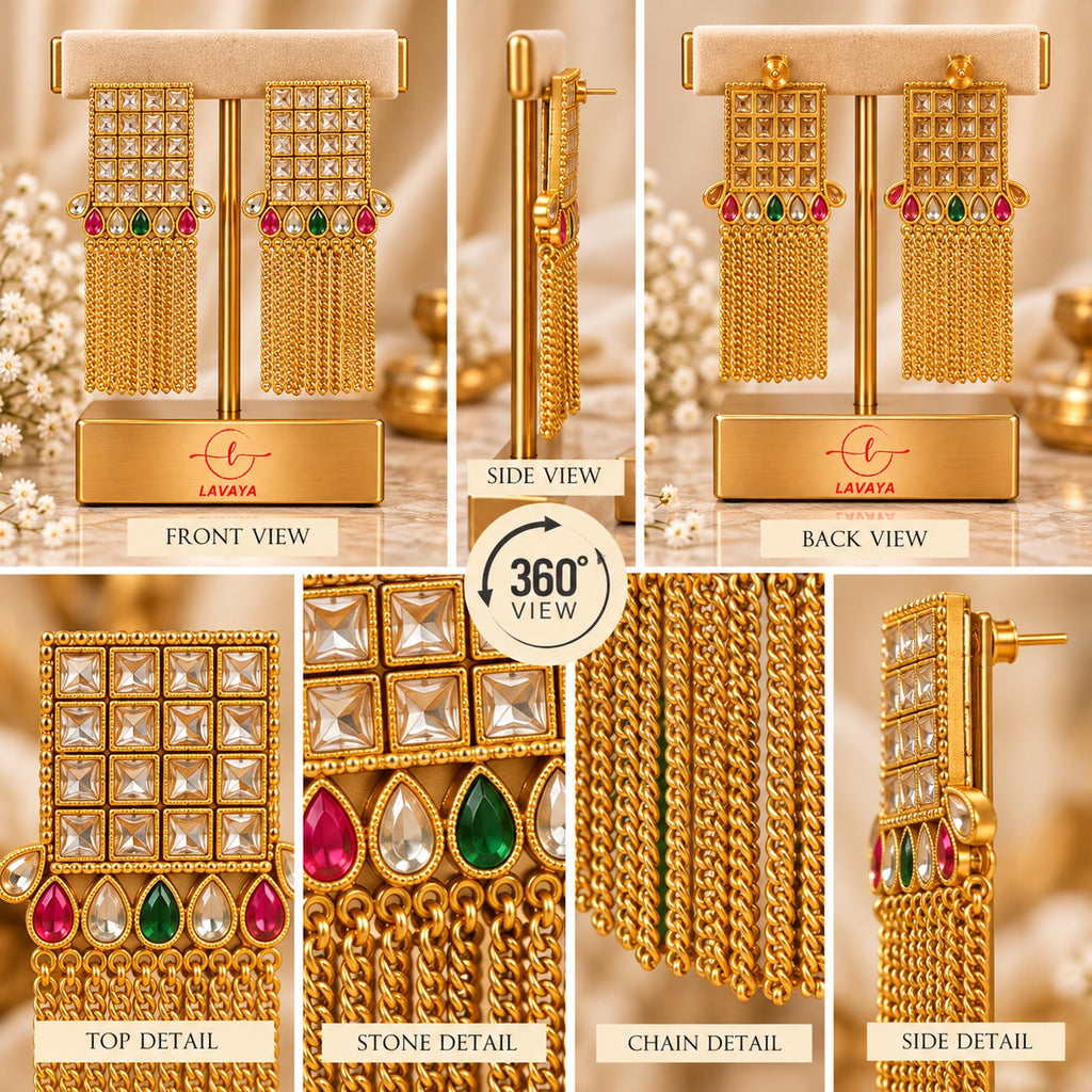 Lavaya Royal Kundan Multicolour Stone Gold-Toned Chain Tassel Statement Earrings