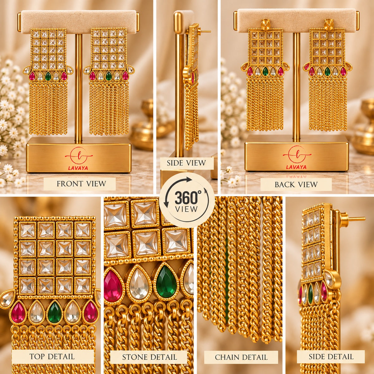 Lavaya Royal Kundan Multicolour Stone Gold-Toned Chain Tassel Statement Earrings