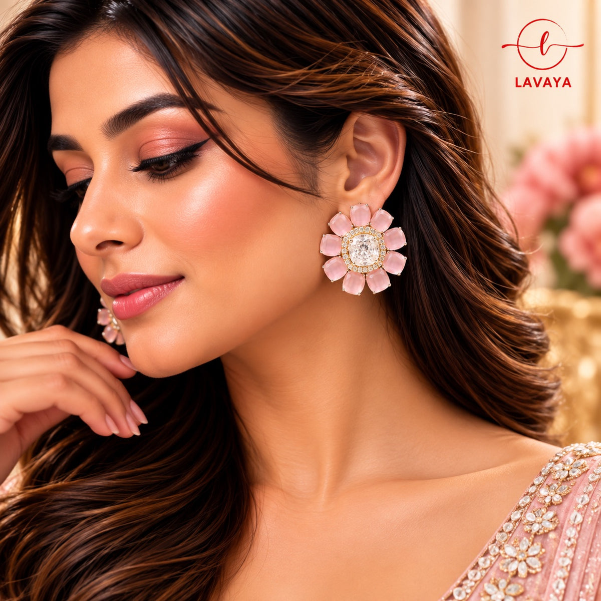 Lavaya Luxury Blush Pink Floral Crystal Stud Earrings for Women – Premium Gold-Tone Designer Flower Statement Wedding & Party Wear Jewellery