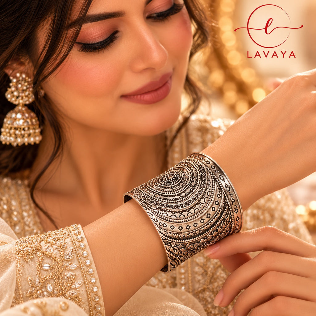 Lavaya Royal Mandala Oxidised Silver Wide Cuff Kada Bracelet – Traditional Tribal Engraved Statement Jewellery