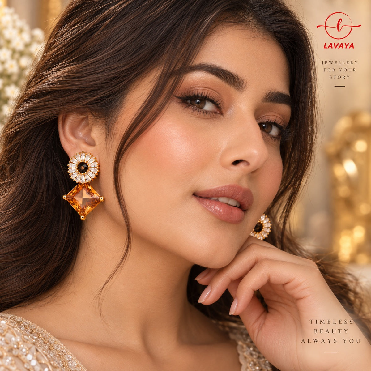 Lavaya Amber Topaz Diamond Rhombus Drop Earrings with Crystal Floral Halo Stud