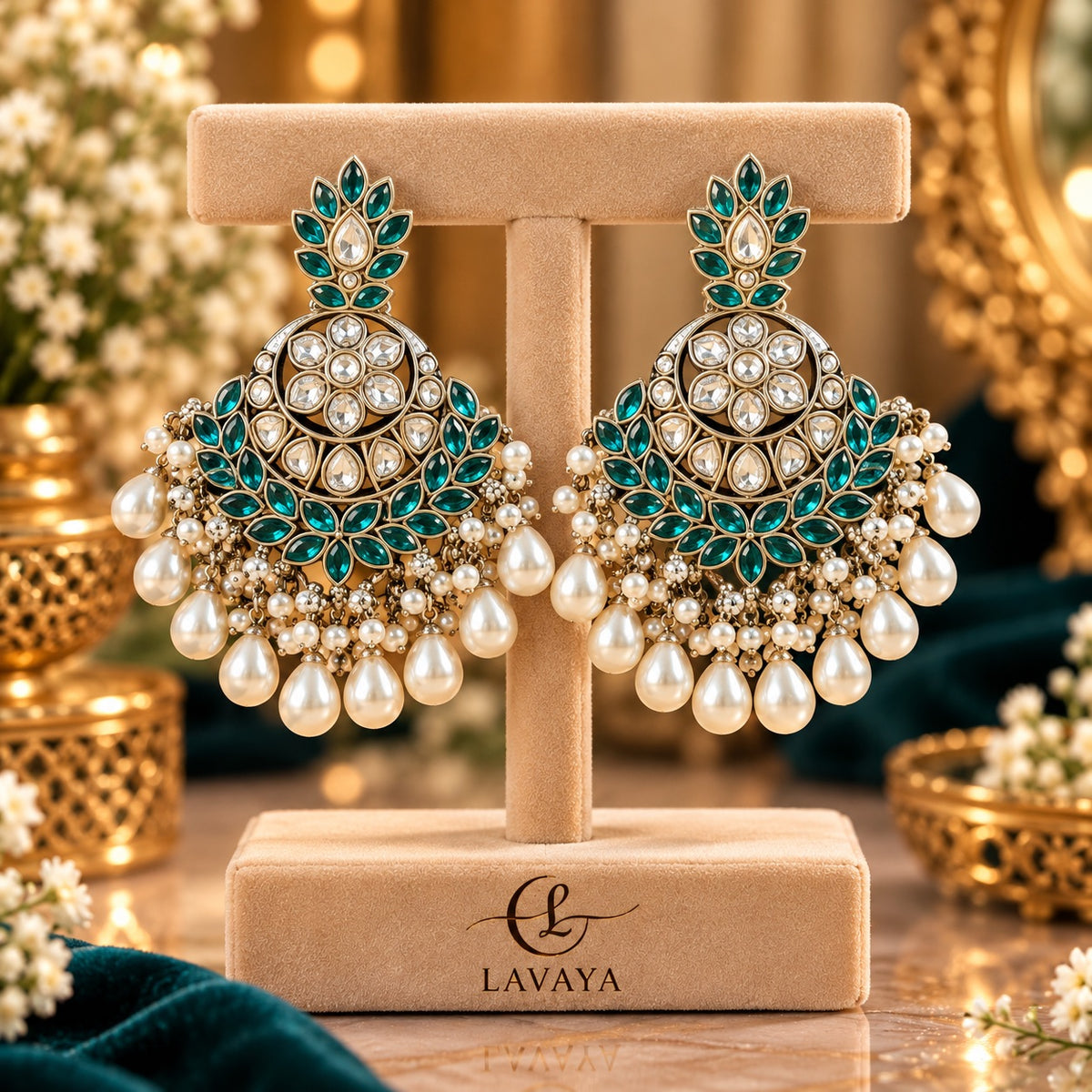 Lavaya Emerald Green Kundan Chandbali Earrings with Pearl Drops – Royal Ethnic Statement Jewellery
