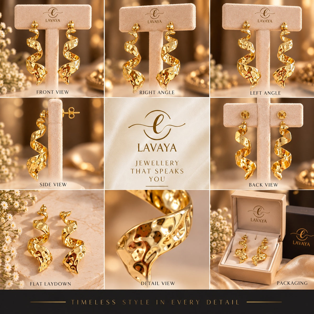 Lavaya Sculptural Hammered Gold Ribbon Spiral Statement Earrings