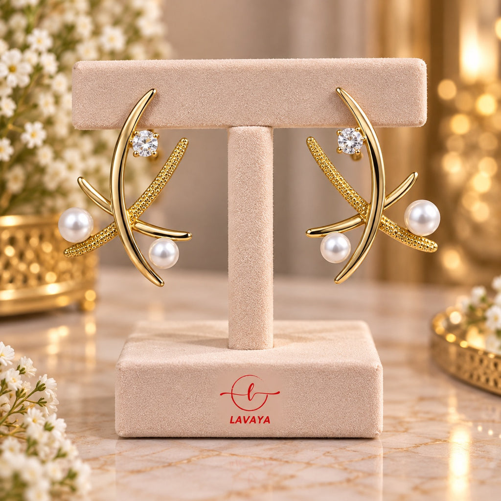 Sculptural Cross Gold Statement Studs with Luminous Pearls