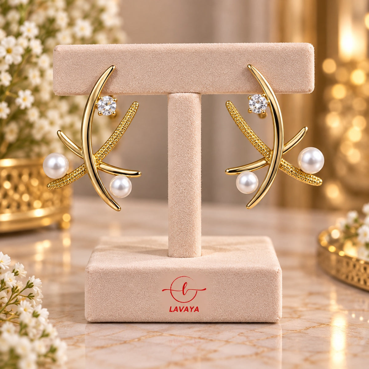 Sculptural Cross Gold Statement Studs with Luminous Pearls