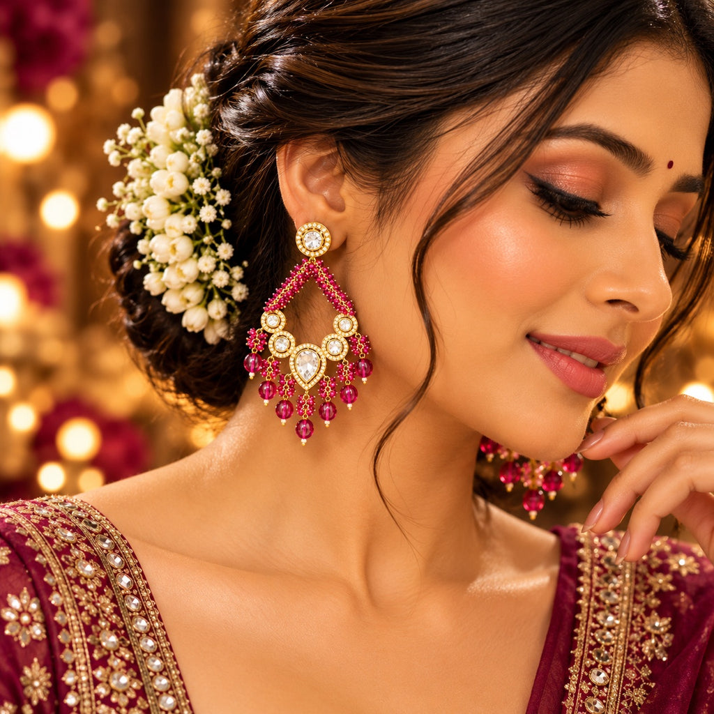 Lavaya Royal Ruby Pink Kundan Statement Earrings with Crystal & Bead Drops