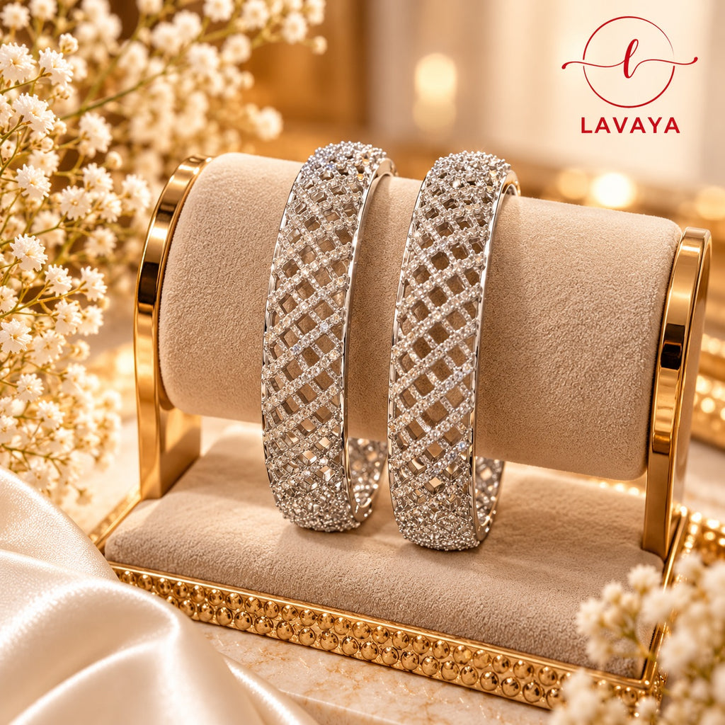 Lavaya Royal Silver-Tone Crystal Mesh Kada Bangles – Luxury Diamond-Look Lattice Designer Bangles Set of 2