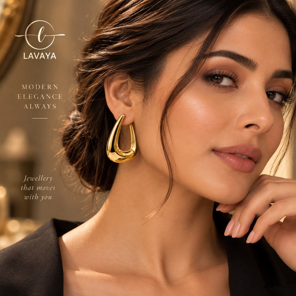 Modern Chunky Teardrop Hollow Hoop Earrings with Ultra-Polished Gold Mirror Finish