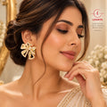 Lavaya Golden Bloom Pearl Embellished Bow Statement Earrings for Women | Elegant Floral Ribbon Design Stud Earrings