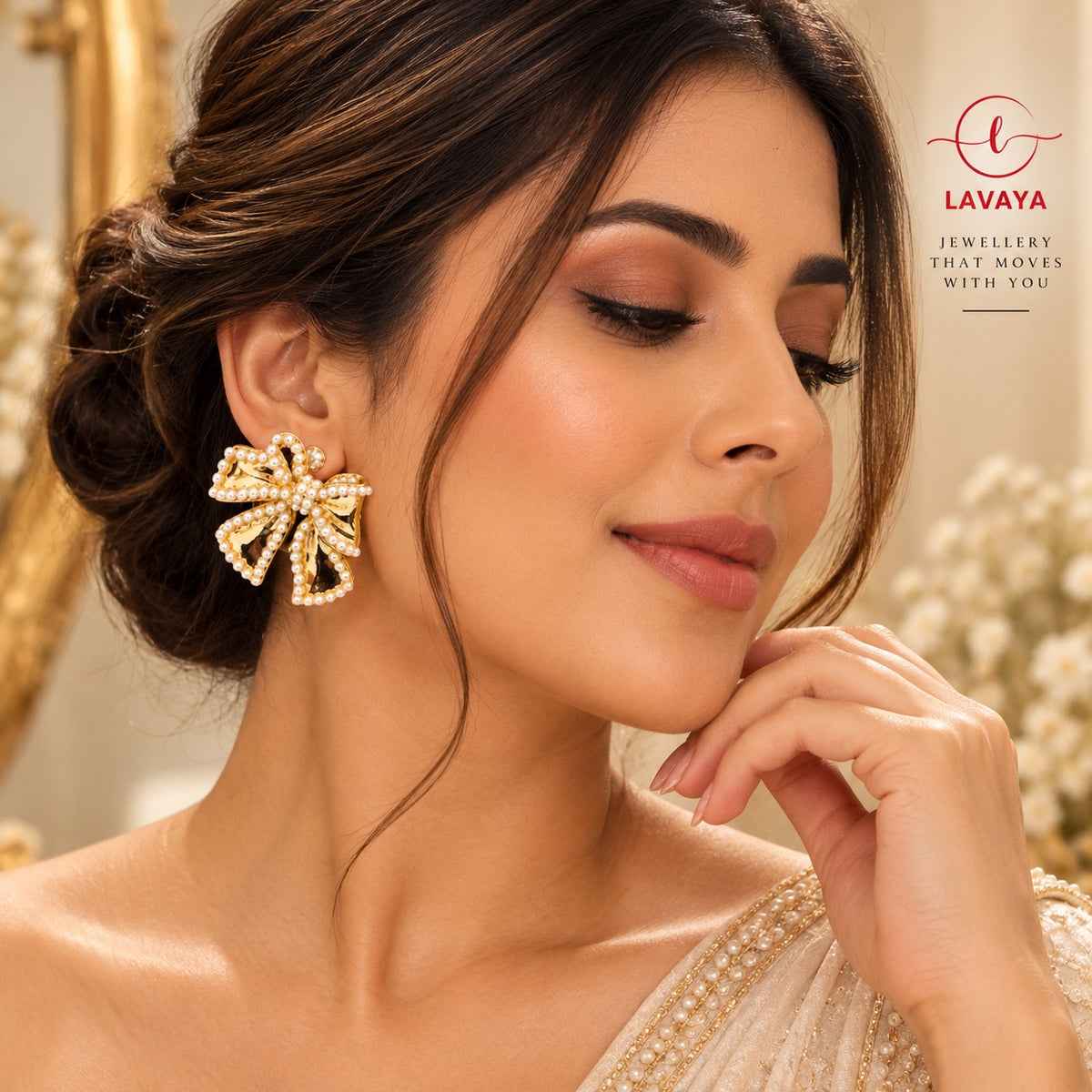Lavaya Golden Bloom Pearl Embellished Bow Statement Earrings for Women | Elegant Floral Ribbon Design Stud Earrings