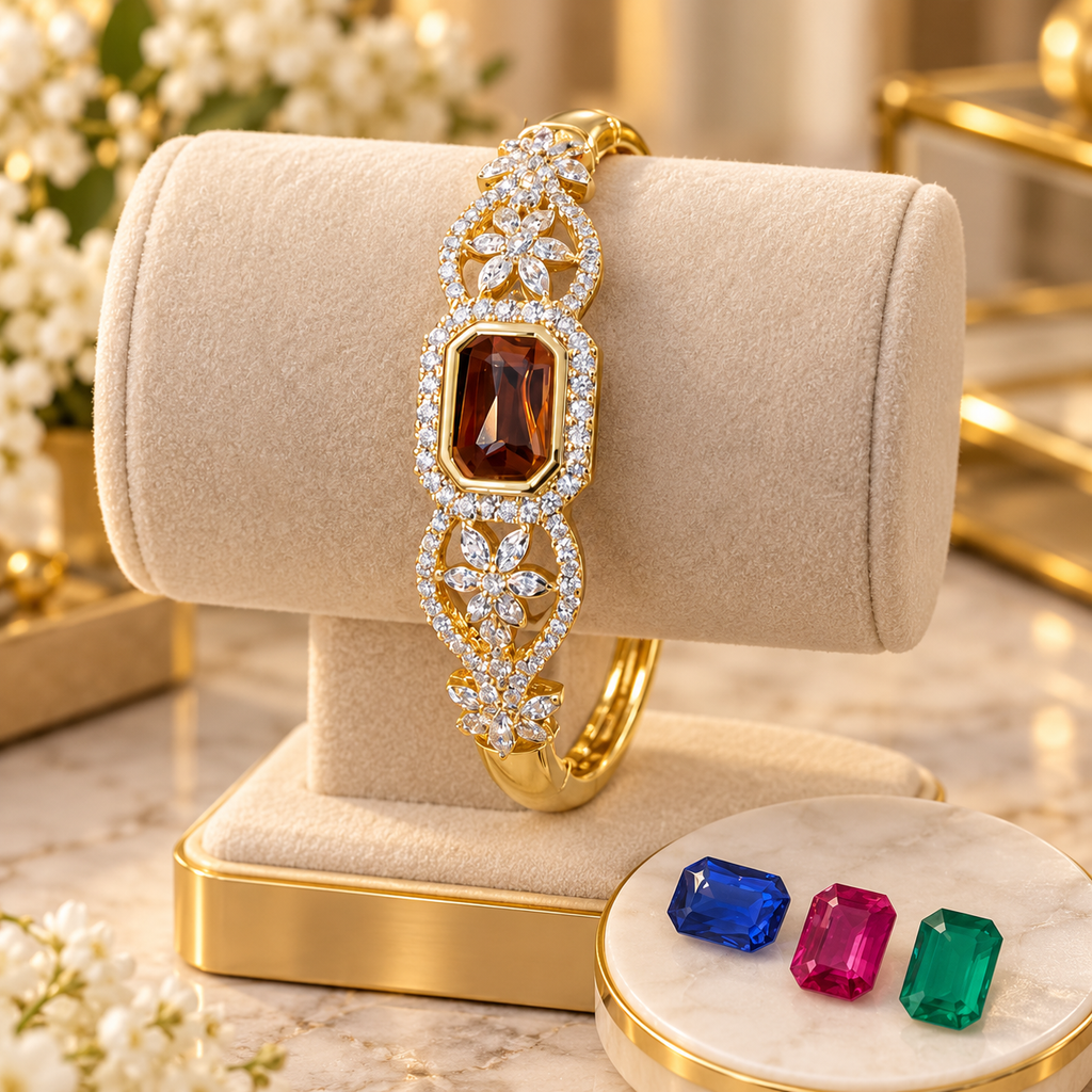 Luxury Gold-Plated Floral Bracelet with Changeable Gemstones