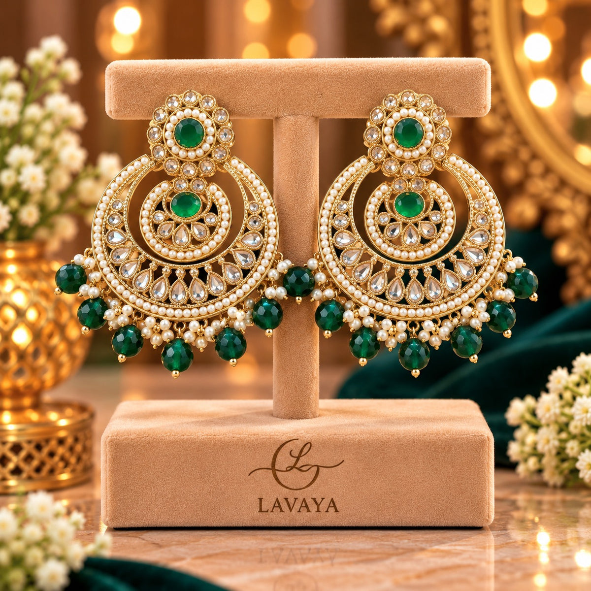 Lavaya Royal Emerald Green Kundan Chandbali Earrings with Pearl & Green Bead Drops