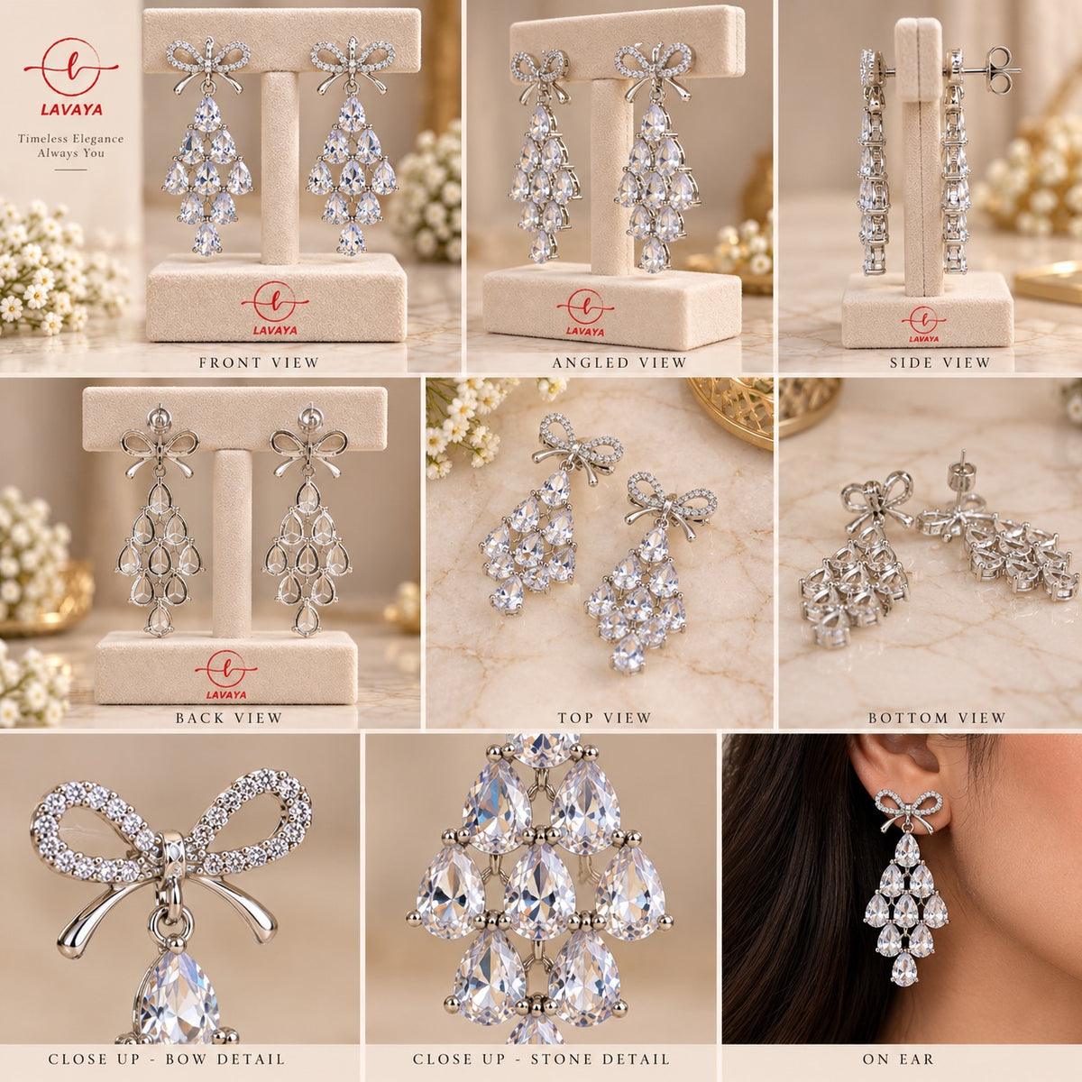 Crystal Bowknot Tiered Teardrop Chandelier Statement Earrings