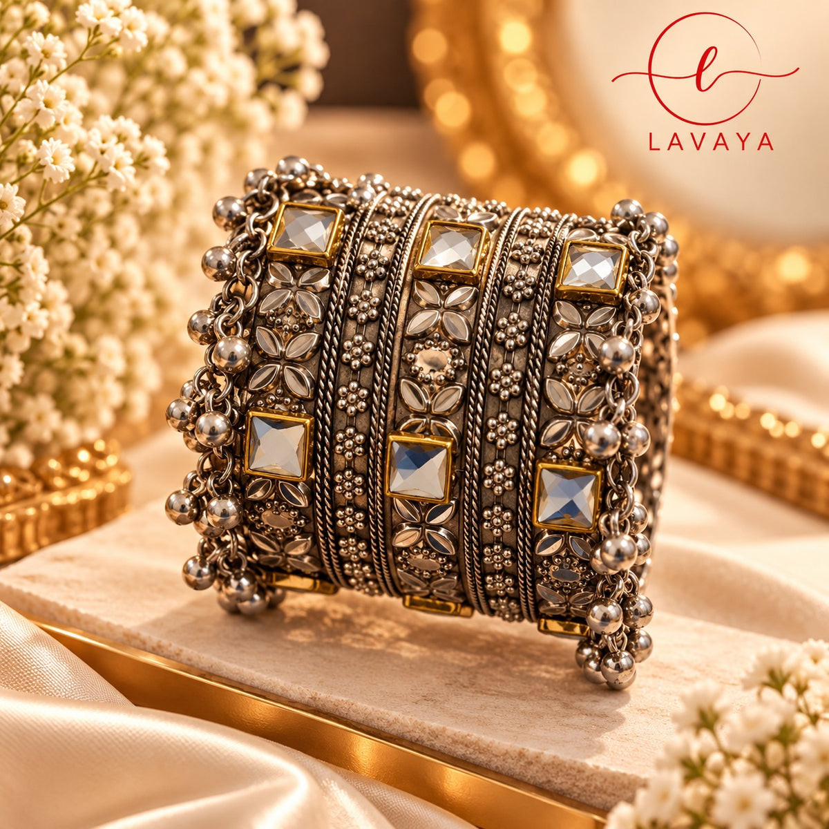 Lavaya Royal Heritage Oxidised Silver Kundan Ghungroo Kada Bangles – Traditional Floral Designer Statement Bangles