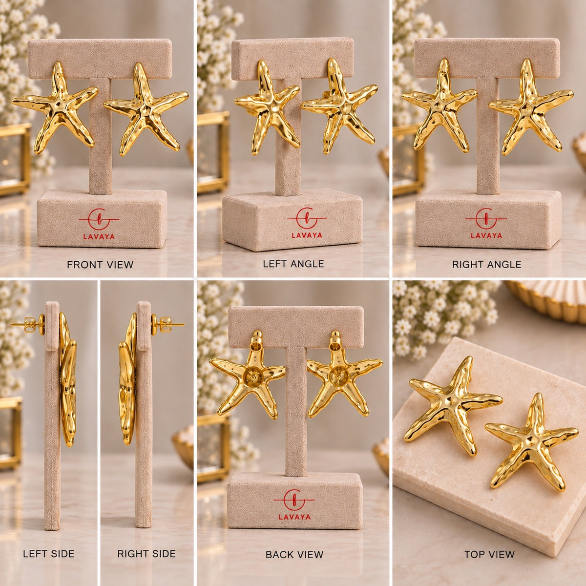 Lavaya Oversized Hammered Gold Starfish Statement Stud Earrings