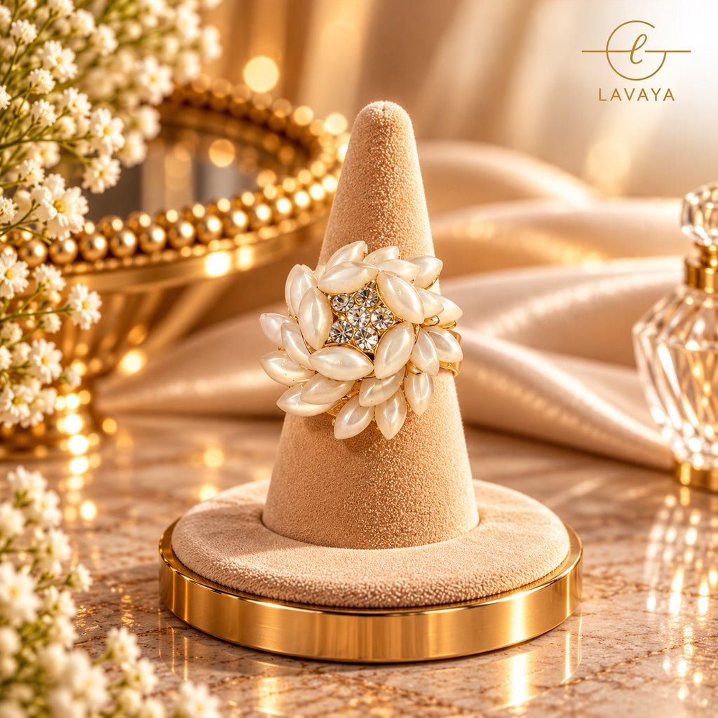 Lavaya Royal Ivory Pearl Floral Statement Ring with Sparkling Crystal Center & Gold-Tone Finish
