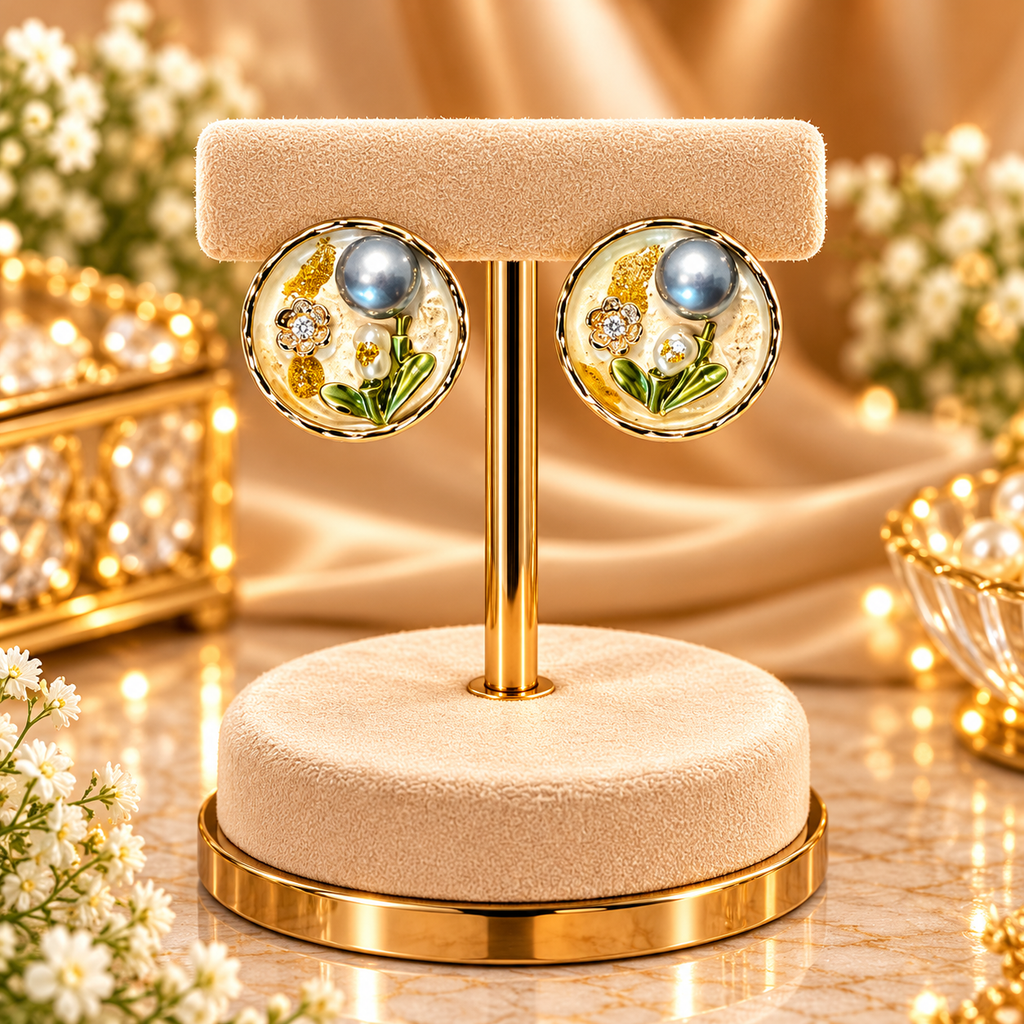Enamel Botanical Pearl Stud Earrings