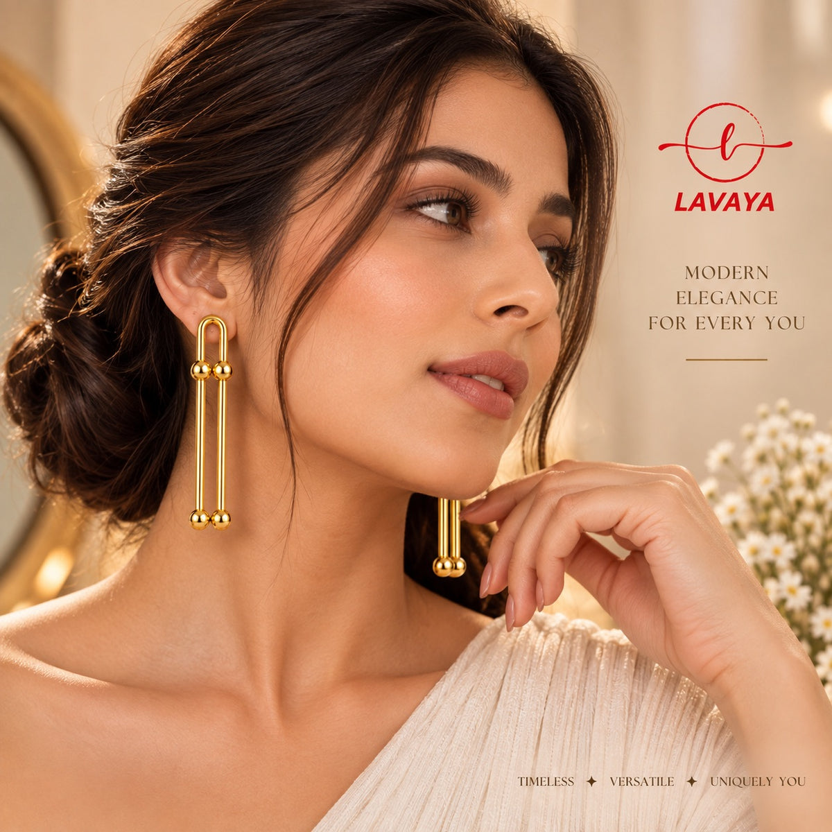 Lavaya Modern Linear U-Link Ball Bar Gold Drop Earrings