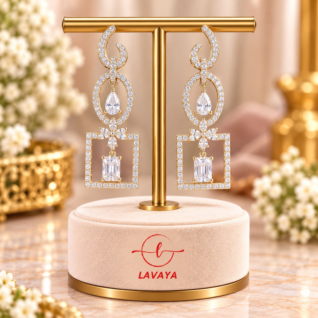 Lavaya Luxury Gold-Tone Geometric Crystal Drop Earrings for Women – Premium Oval & Square Designer Long Dangle Wedding & Party Wear Jewellery