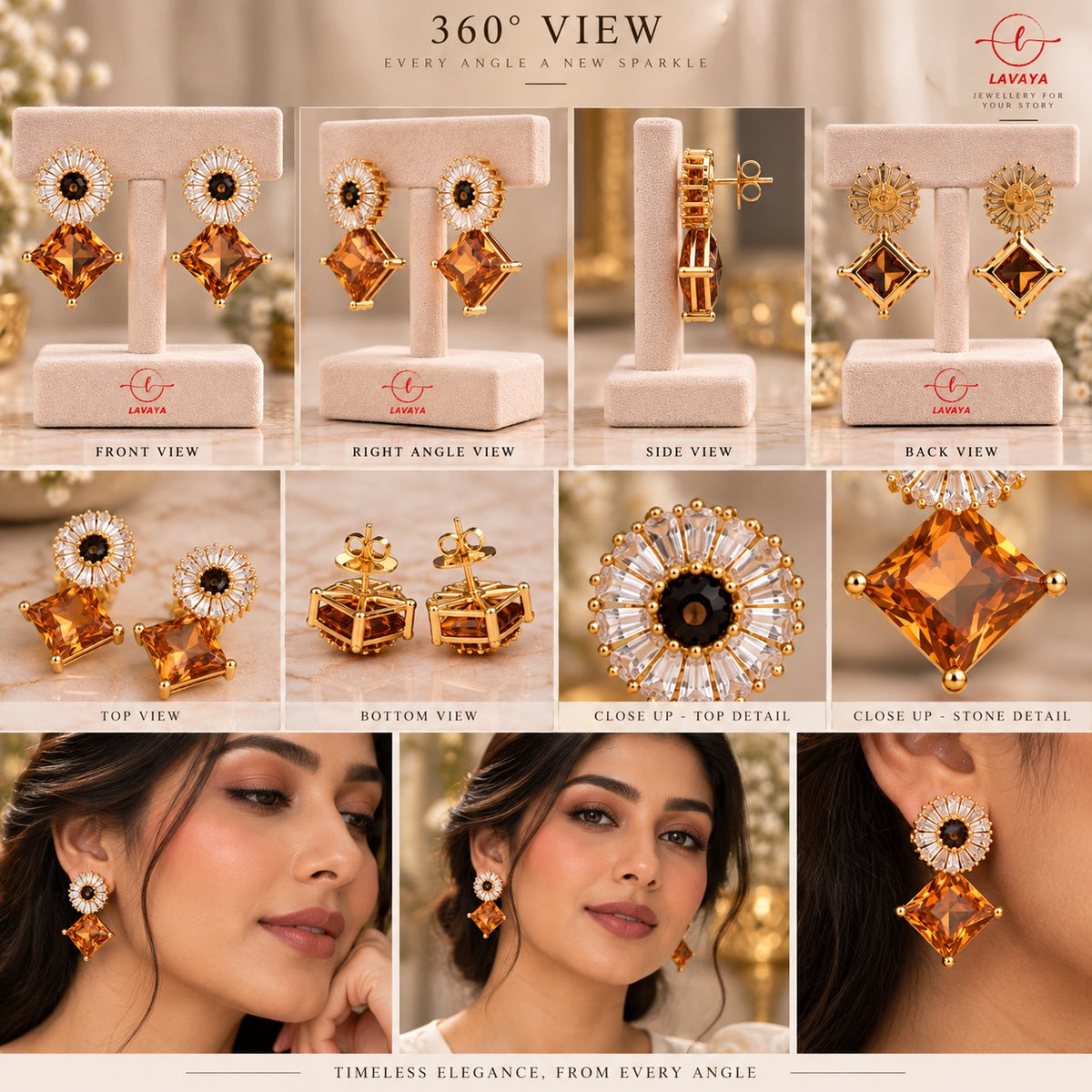 Lavaya Amber Topaz Diamond Rhombus Drop Earrings with Crystal Floral Halo Stud