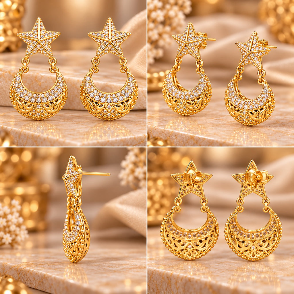 Lavaya Luxury Gold-Tone Crystal Embellished Star & Crescent Moon Drop Earrings for Women