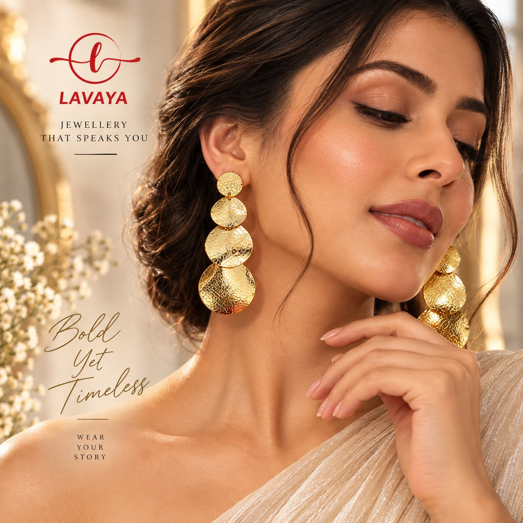 Four-Tier Interlinked Hammered Metal Disc Shoulder Duster Earrings for Festive & Evening Wear