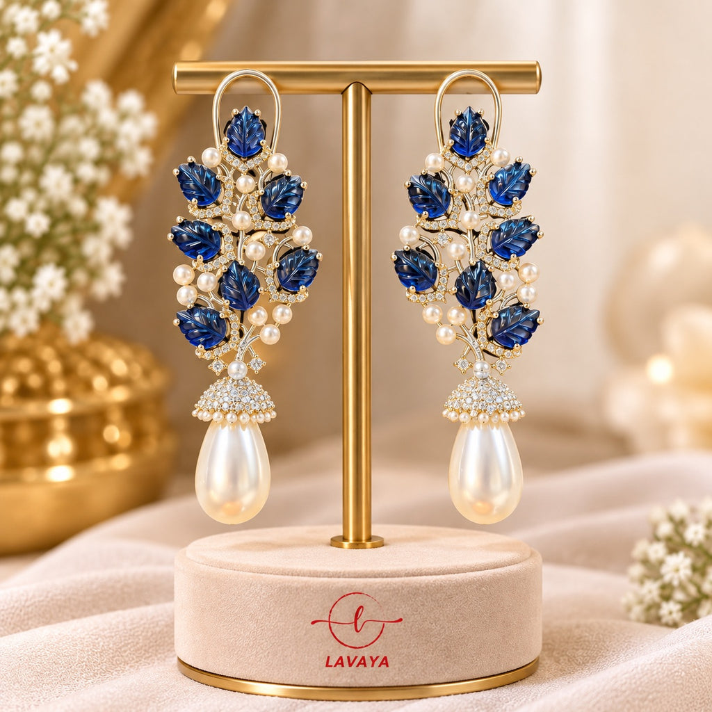 Lavaya Luxury Royal Blue Floral Leaf Earrings with Elegant Pearl Drop for Women – Premium Gold-Tone Designer Wedding & Party Wear Jewellery