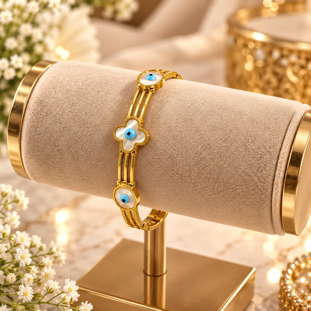 Golden Evil Eye & Floral Charm Bracelet