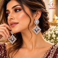 Lavaya Luxury Ruby Red Geometric Crystal Drop Earrings for Women – Premium Designer Statement Earrings for Wedding & Party Wear